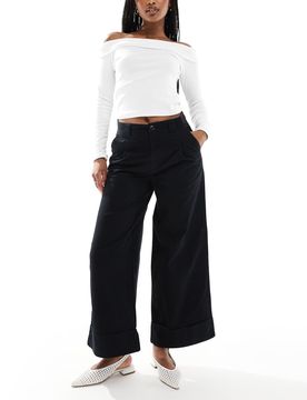 Knöchellange Hose in gebürstetem Schwarz mit weitem Bein und Umschlag-Marineblau Marineblau 32
