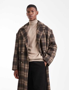 Karierter Longline-Mantel in brauner Wolloptik mit Oversize-Passform-Brown Brown 2XL