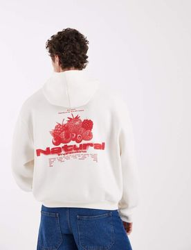 Kastiger Kapuzenpullover in Cremeweiß mit Frucht-Print Weiß M