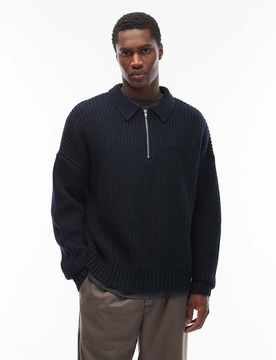 Kastiger Oversize-Strickpullover aus schwerem Wollmix in Marineblau mit kurzem Reißverschluss Marineblau XL