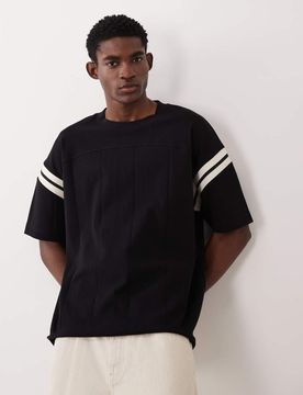 Kastiges Oversize-T-Shirt in Schwarz mit Kontrasteinsatz und breiter Rippstruktur Schwarz M