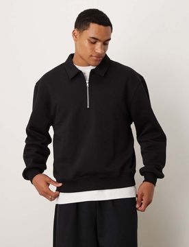 Kastiges, locker geschnittenes Basic-Sweatshirt in Schwarz mit kurzem Reißverschluss und Kragen Schwarz 2XL