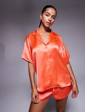Kurzärmliges Satinhemd in Korallrot, Kombiteil-Orange Orange 36
