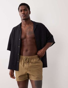 Kurze Seersucker-Badeshorts in Braun-Grün Grün M