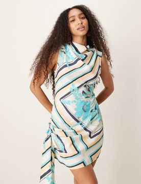 Hochgeschlossenes Minikleid mit Halstuchprint und Drapierung-Bunt Bunt 36