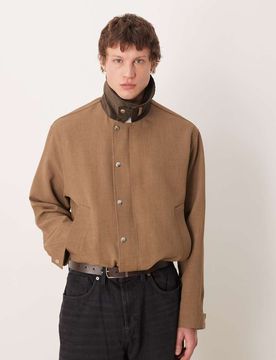 Harrington-Jacke in Blassbraun mit Kontrast-Kragen-Brown Brown L