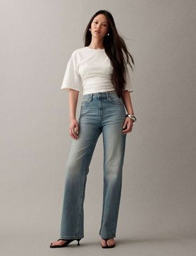 Jean droit stretch et confortable - Délavage vintage-Bleu W32 L34