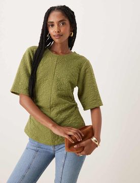 Oberteil aus floralem Jacquard in Olivgrün mit geraffter Taille Grün S