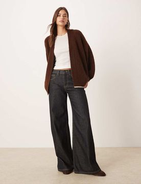 Offene, dicke Strickjacke in Schokobraun mit Zierstreifen-Brown Brown M