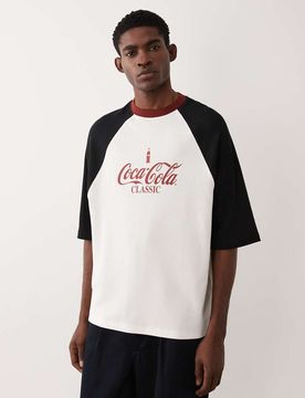 Oversize-T-Shirt in Ecru mit Raglanärmeln und Coca-Cola-Print-Weiß Weiß S
