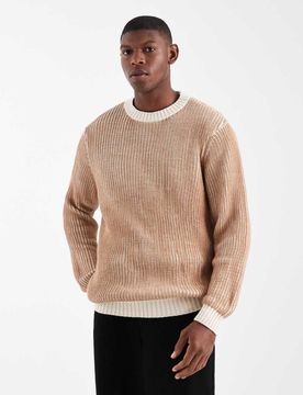Locker geschnittener Pullover aus plattiertem Rippstrick in Steinbeige mit Rundhalsausschnitt-Neutral Neutral XL