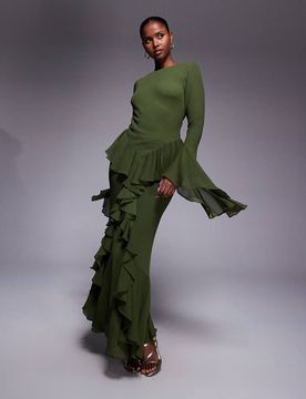 Langärmliges Maxikleid in Tannengrün mit Rüschen Grün 38