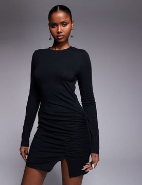 Langärmliges Minikleid in Schwarz mit Raffung und Seitenschlitz Schwarz L