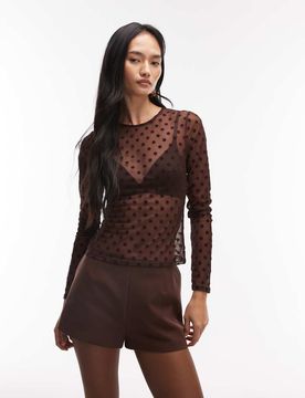 Langärmliges Netzstoff-Oberteil in geflocktem Braun mit Polka Dots-Brown Brown S