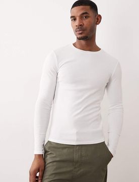 Langärmliges, geripptes Basic-T-Shirt in Weiß mit körperbetontem Schnitt Weiß 3XL