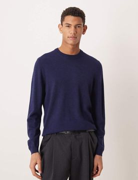 Langärmliges Strick-Shirt aus reiner Merinowolle in Marineblau mit Rundhalsausschnitt Marineblau 3XL