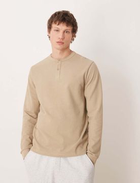 Langärmliges, strukturiertes Regular-Fit-Shirt in Beige mit Henley-Kragen-Neutral Neutral XS