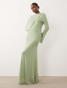 Modesty - Netzstoff-Maxikleid in Salbeigrün mit drapiertem Ausschnitt-Overlay Grün XS
