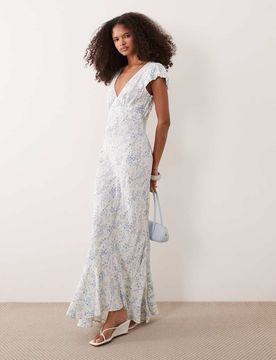 Maxi-Freizeitkleid mit Puffärmeln, V-Ausschnitt und blauem Blumenmuster-Mehrfarbig Mehrfarbig 44