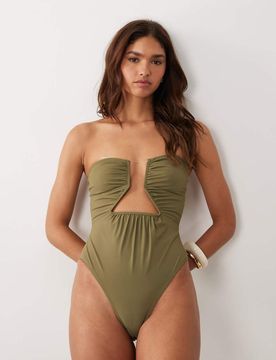 Maillot 1 pièce asymétrique aspect papier à découpe - Kaki-Vert 36