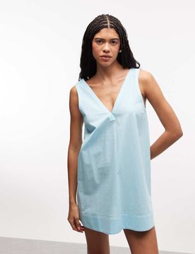 Mini-Hängerkleid aus Baumwoll-Leinen in Türkis mit V-Ausschnitt-Blau Blau 36