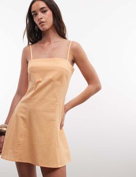 Mini-Sommerkleid aus Baumwollleinen in Orange Spritz mit geformter Brustpartie und Camisole-Trägern Orange 32