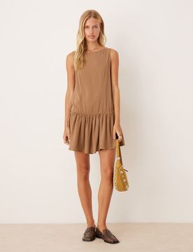 Minikleid aus Leinenmix in Mokka mit tiefer Taille-Brown Brown S
