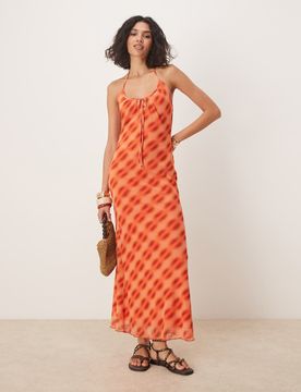 Netzstoff-Midikleid in kariertem Orange mit Neckholder-Bunt Bunt S