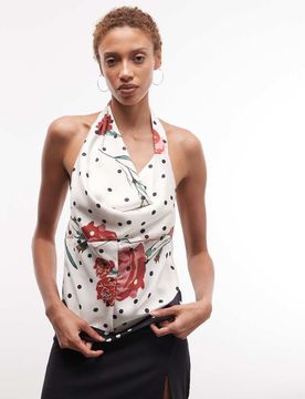 Neckholder-Oberteil aus Satin mit Punkte- und Blumenmuster-Bunt Bunt 42