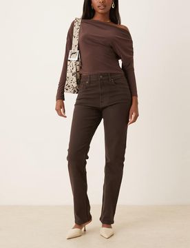 Schmale, gerade geschnittene Jeans in Schokobraun mit hohem Bund-Brown Brown 32