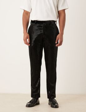 Schmale Samt-Anzughose in Schwarz mit Paillettenbesatz Schwarz 50 Short