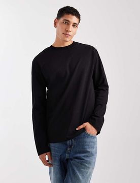 Schweres, langärmliges Relaxed-Fit-T-Shirt in Schwarz Schwarz XS