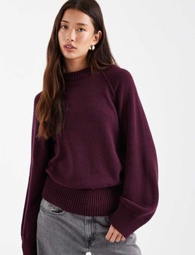Strickpullover in Pflaume mit Rundhalsausschnitt und Raglanärmeln-Rot Rot M