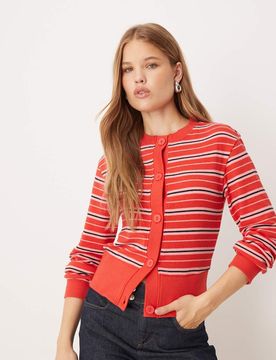 Strukturierte Strickjacke in gestreiftem Rot-Bunt Bunt M