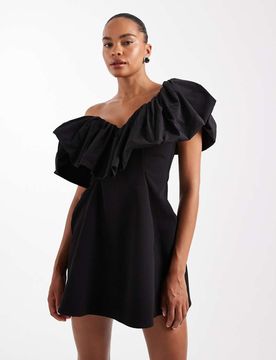 Strukturiertes One-Shoulder-Minikleid in Schwarz mit kontrastierendem Taft-Scrunch-Ausschnitt Schwarz 32