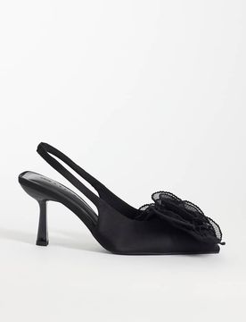 Sunset - Chaussures larges à talon mi-haut et bride arrière avec grosse fleur - Noir satiné 4