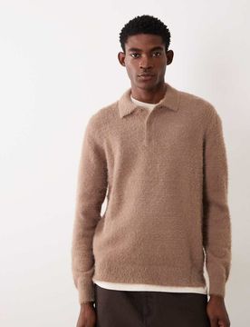 Polo-Pullover aus flauschigem Strick in Braun-Brown Brown S