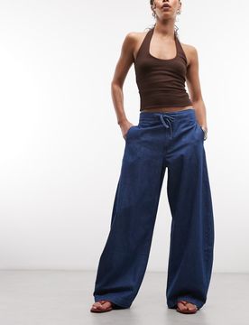Pantalon bouffant léger à enfiler - Délavage foncé-Bleu 38
