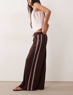 Pantalon de jogging ample en maille avec détail en dentelle - Chocolat-Brown M