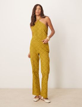 Pantalon droit d'ensemble à motif découpé géométrique - Olive-Vert 36