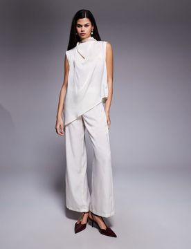 Pantalon droit d'ensemble en satin - Crème-Blanc 44