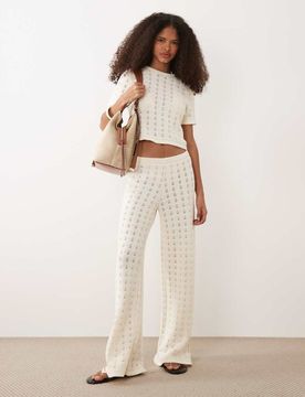 Pantalon large d'ensemble en maille de coton mélangé - Écru-Blanc L
