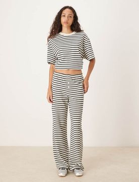 Pantalon large texturé à rayures - Crème-Multicolore XS