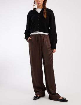 Pantalon satiné ample à enfiler - Chocolat-Brown M