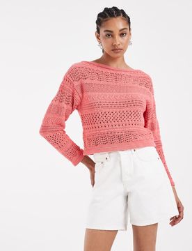 Pull en maille au crochet à encolure bateau - Corail-Orange M