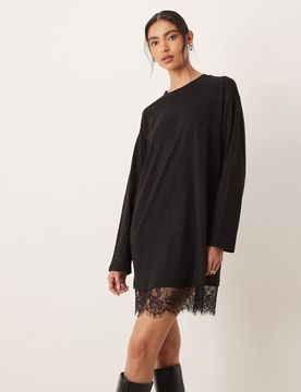 Robe t-shirt à manches longues et détail en dentelle - Noir M