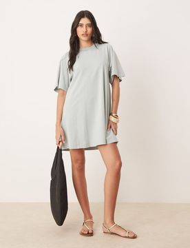 Robe t-shirt courte virevoltante - Bleu délavé-Multicolore 34