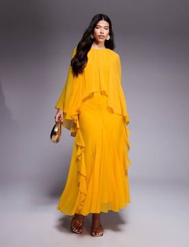 Robe trapèze longue en mousseline avec superpositions et volants - Orange 32