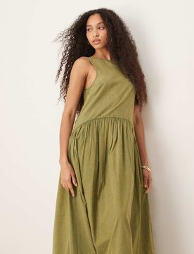 Robe babydoll mi-longue à encolure bateau et taille basse - Olive-Vert 32