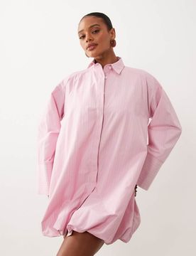 Robe chemise courte rayée à poignets larges et ourlet boule - Rose 44